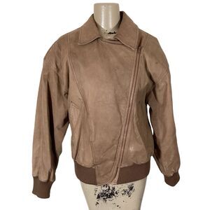 Vintage 80’s Brown Leather Bomber Pilot Moto Jacket Satin Lining Women’s Sz S